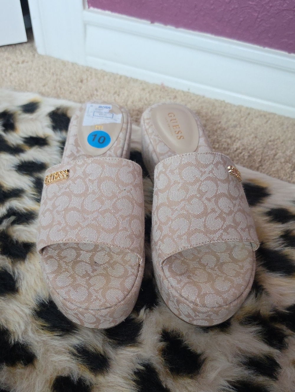 GUESS Beige Patterned Logo Slide Mules with Gold Accent